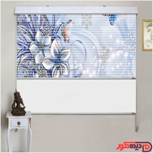 پرده زبرا تصویری چاپی گل و پروانه ابی کد 3DP-107-2