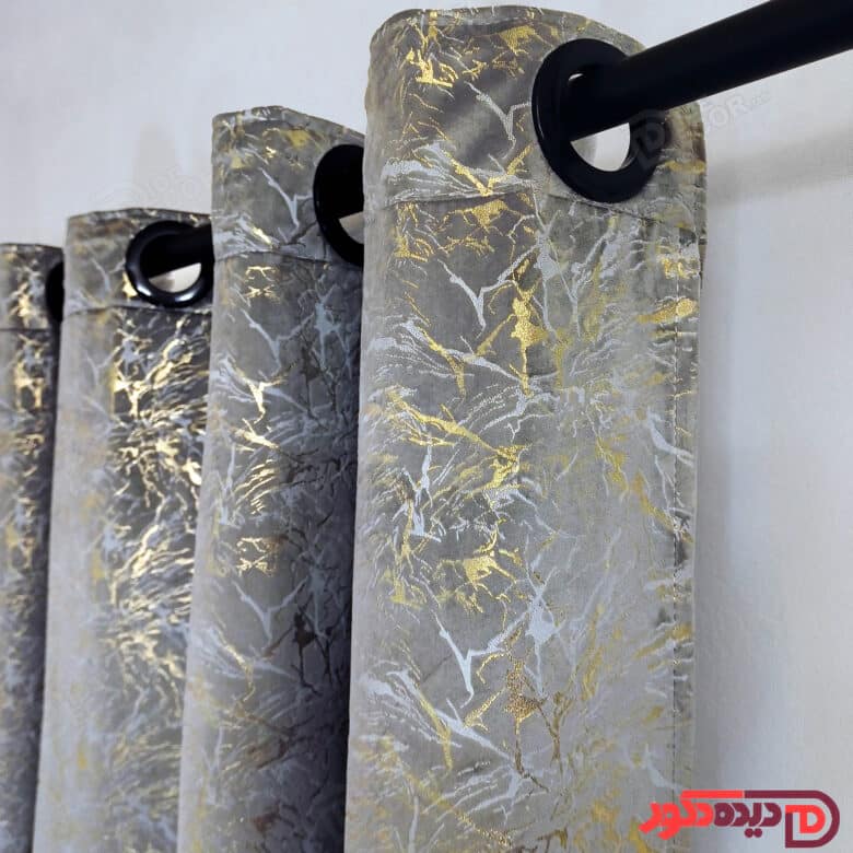 پرده پانچ مخمل طلاکوب طوسی نقره ای با خطوط طلایی کد BR270