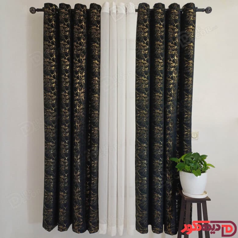 پرده پانچ مخمل طلاکوب مشکی با خطوط طلایی کد BR290