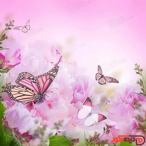 پرده زبرا دومکانیزم چاپی کد AZD-041 با طرح پروانه‌ و گل‌های صورتی روی زمینه روشن، مناسب اتاق خواب دخ