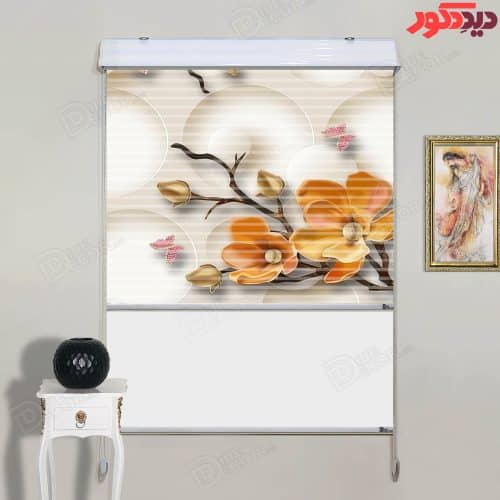 پرده زبرا دومکانیزم چاپی کد AZD-042 با طرح گل‌های نارنجی، پروانه‌ و دایره‌ روی زمینه کرم، مناسب پذیر