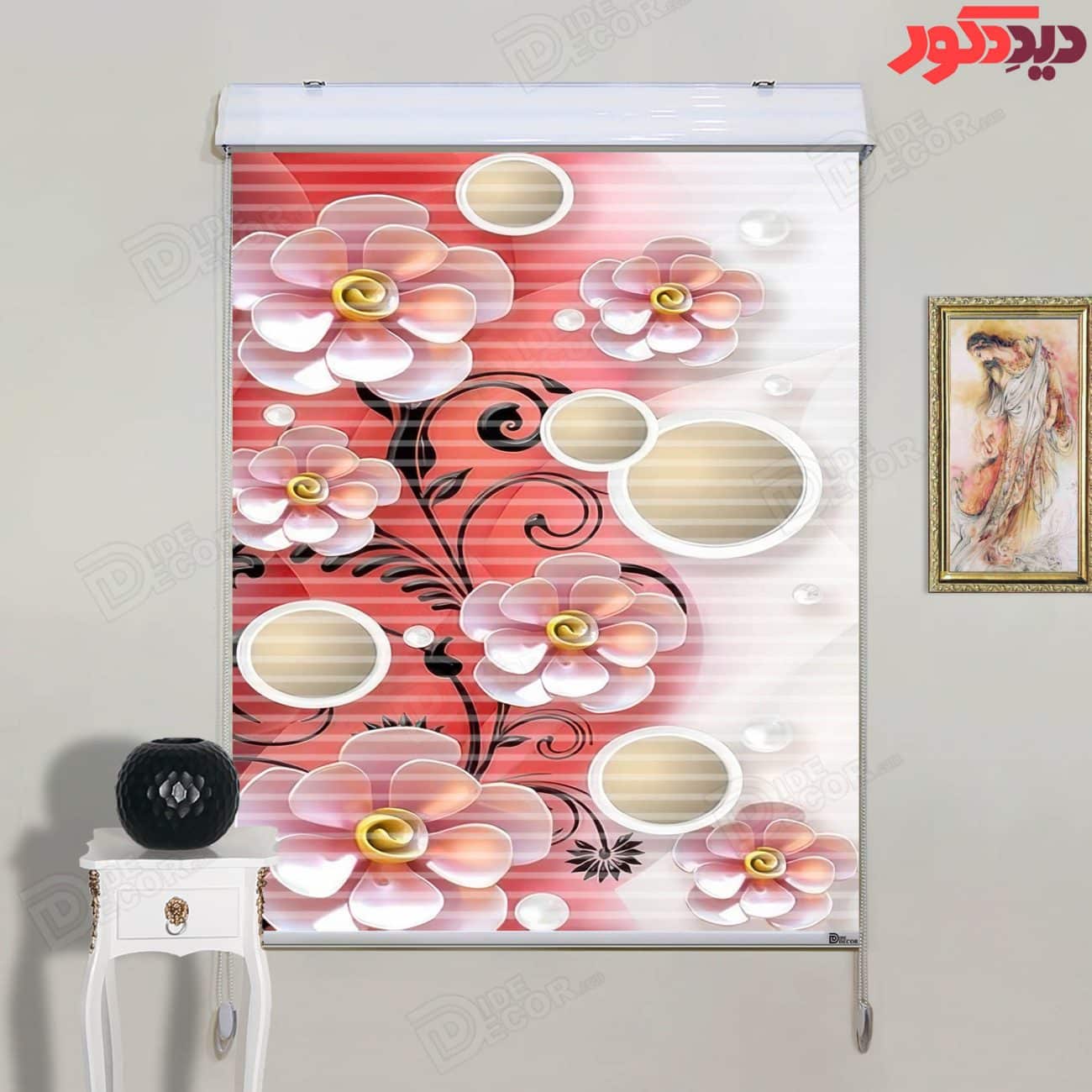 پرده زبرا دومکانیزم چاپی کد AZD-046 با طرح گل‌های رز صورتی، دایره‌های کرم و اسلیمی مشکی روی زمینه سف