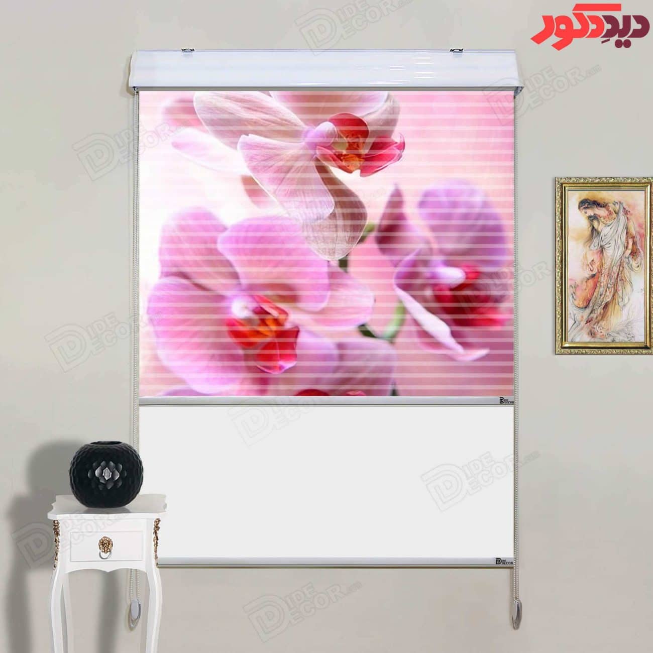 پرده زبرا دومکانیزم کد AZD-083 با طرح گل‌های ارکیده صورتی و بنفش روی زمینه روشن، مناسب اتاق خواب و آ