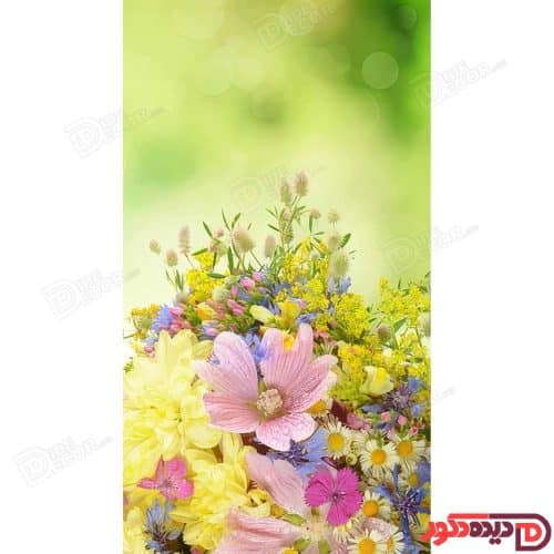 پرده زبرا دومکانیزم تصویری با طرح دسته‌گل رنگارنگ شامل گل‌های صورتی، زرد، بنفش و سفید روی زمینه‌ای روشن و شاداب