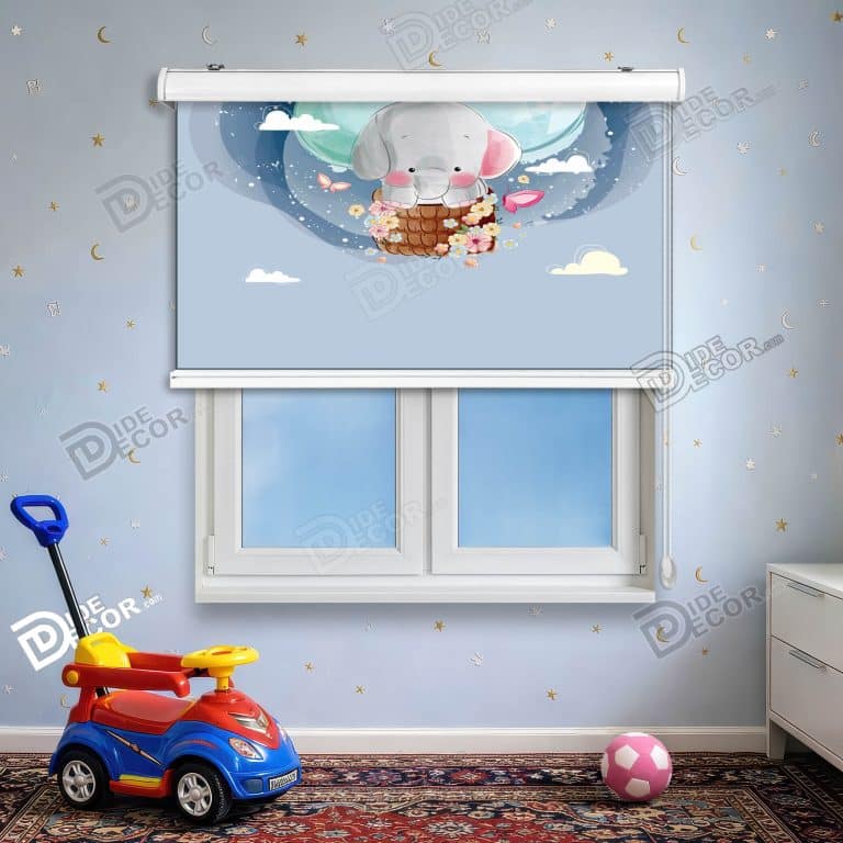پرده شید طرح کودک کد sk-007 - پرده شید طرح کودک با فیل بالن هوای گرم ابر آبی سفید.