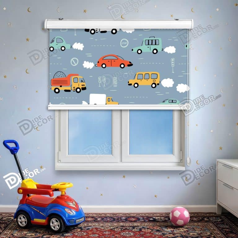 پرده شید طرح کودک کد sk-010 - اتوبوس کامیون ابر با رنگ آبی زرد.