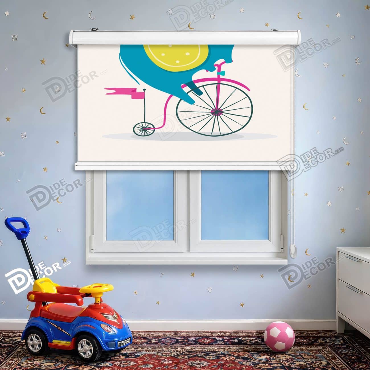 پرده شید طرح کودک کد sk-012 - پرنده کارتونی روی دوچرخه با رنگ آبی و صورتی.