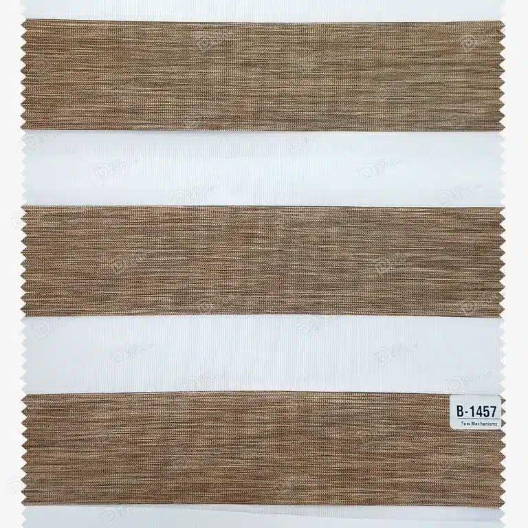 نمونه پارچه پرده زبرا کد TB1457، پارچه ساده طرح چوب رنگ قهوه ای تیره. این نمونه پارچه برای پرده زبرا مناسب دکوراسیون مدرن است.